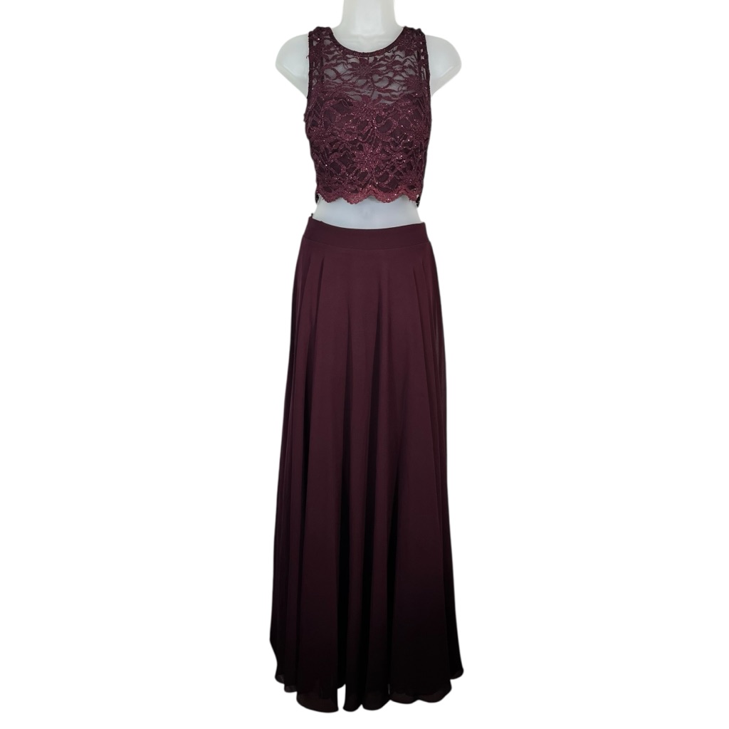 City Triangles Maroon Red Metallic Lace Two Piece Formal Dress Prom Homecoming